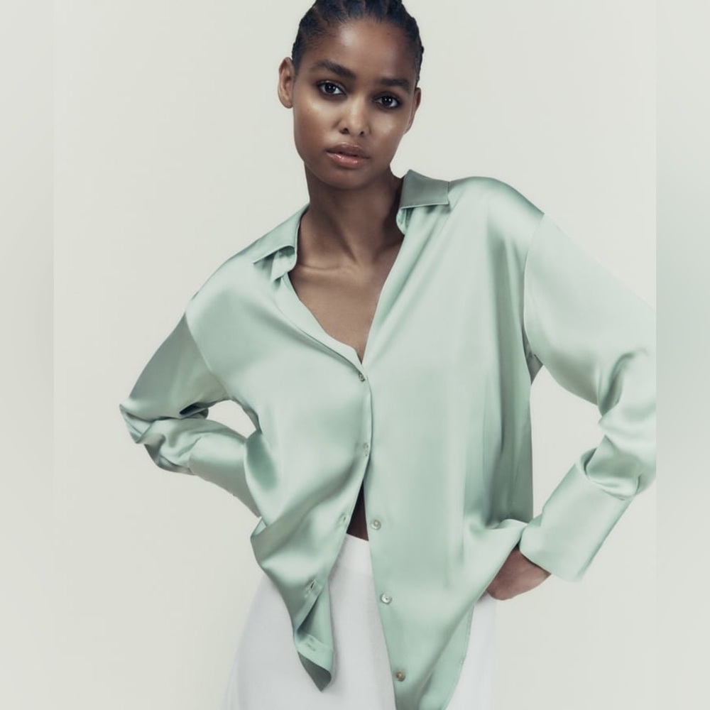 zara satin effect shirt light green